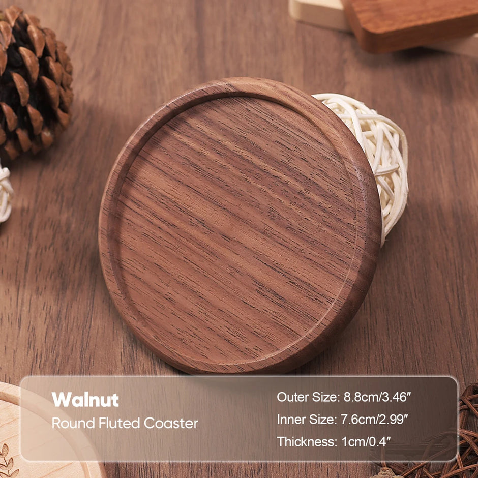 Wooden coaster with fluted edges on a wooden surface