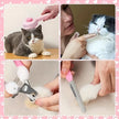 Collage of a cat being groomed with various tools on a pink background.