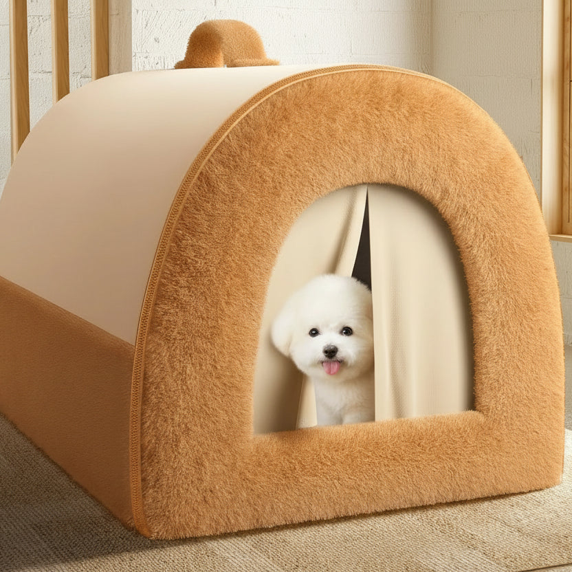 Dog peeking out from a beige pet bed with text about a 'closed vinegar sleeping nest'.
