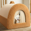Dog peeking out from a beige pet bed with text about a 'closed vinegar sleeping nest'.