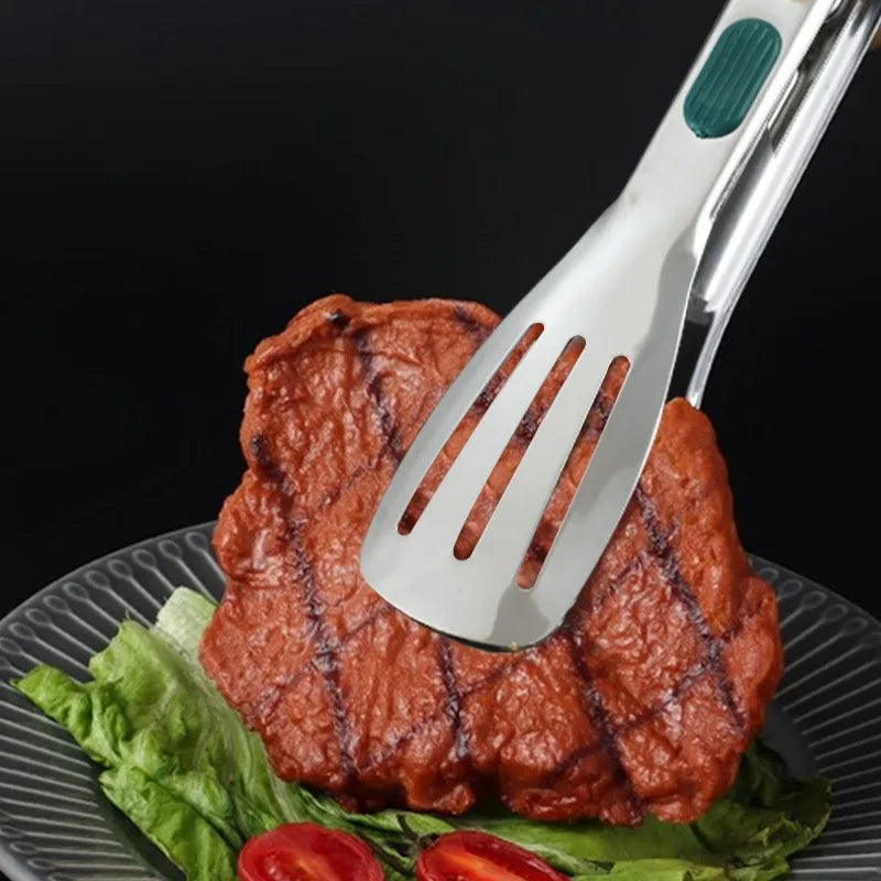 Grilled steak on a plate with a spatula piercing through it, against a black background.