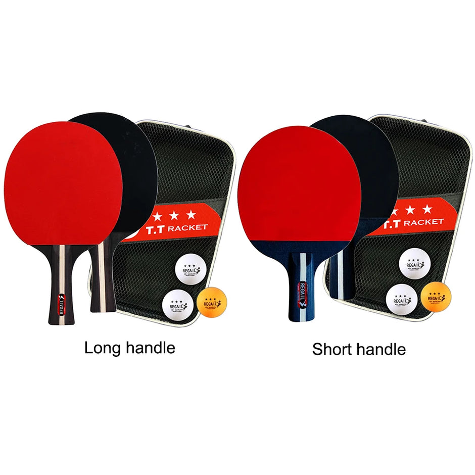 Two table tennis rackets with long and short handles, each accompanied by a case and a ball, on a white background.