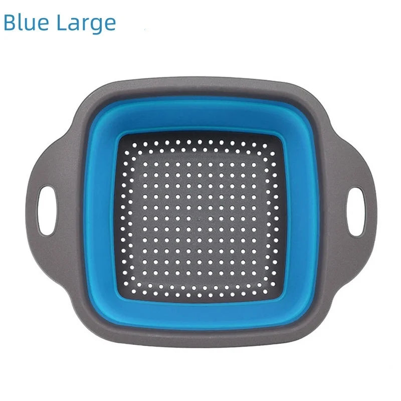 Collapsible colander with blue interior and gray exterior on a white background