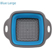 Collapsible colander with blue interior and gray exterior on a white background