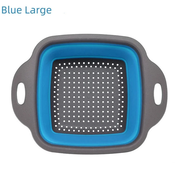 Collapsible colander with blue interior and gray exterior on a white background