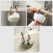 Collage of a hanging storage solution for kitchen items, including a bowl and soap.