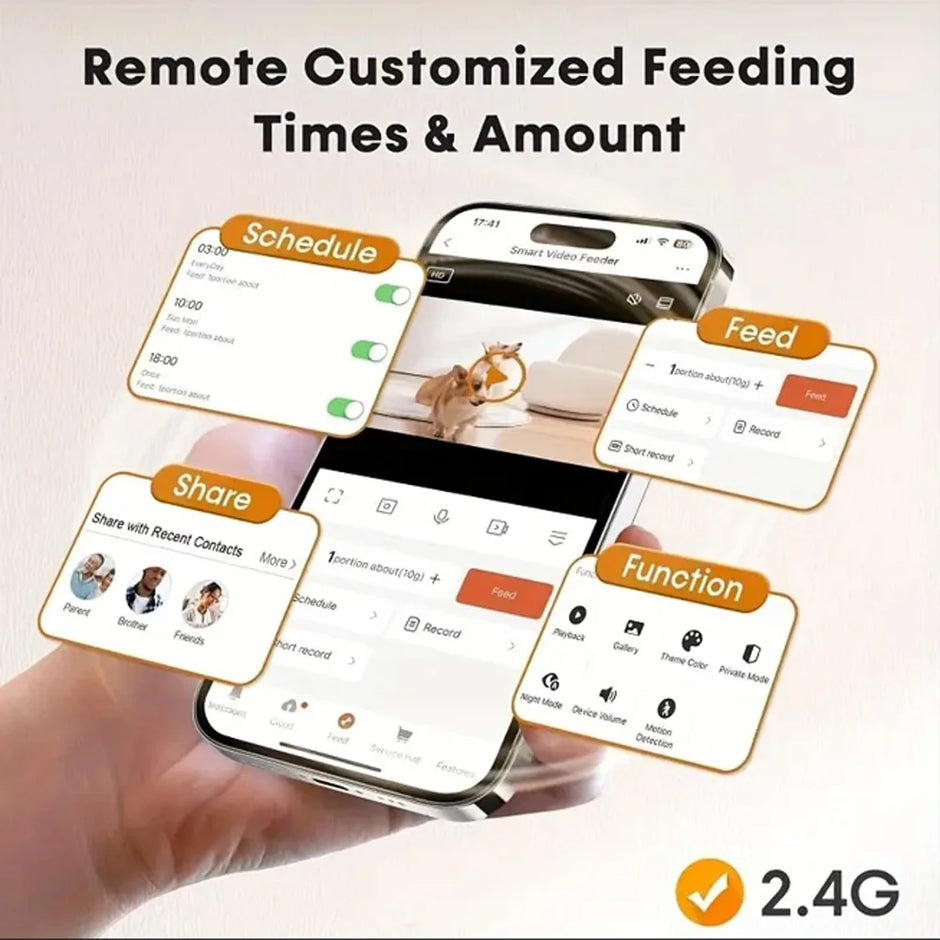 Smartphone displaying a pet feeding app with various features on a light background.
