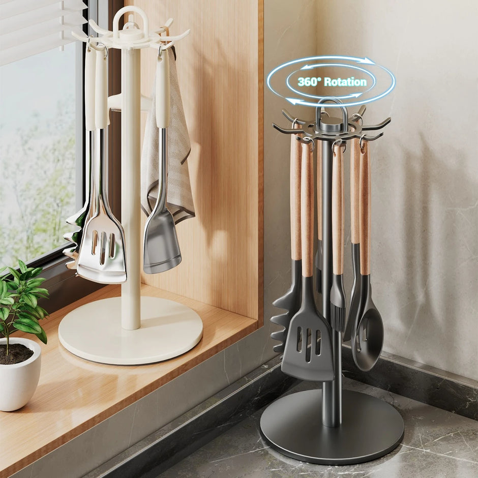 Kitchen utensil holder with 360-degree rotation feature in a kitchen setting.