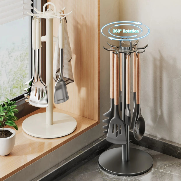 Kitchen utensil holder with 360-degree rotation feature in a kitchen setting.