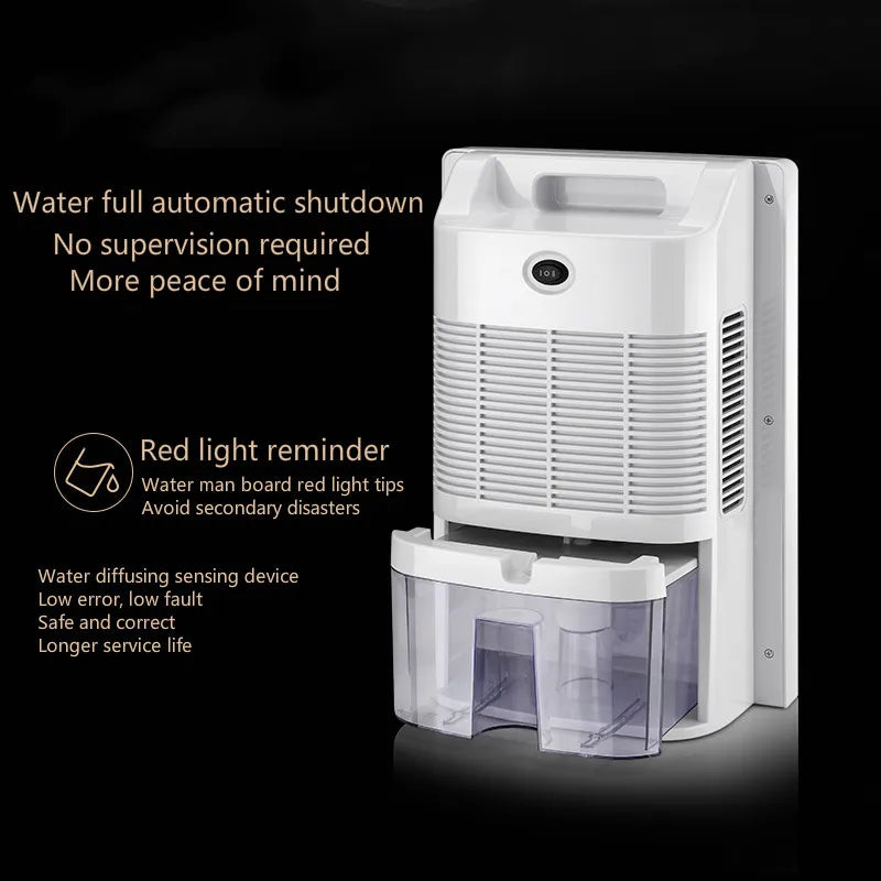 Dehumidifier with features listed on a black background