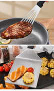 Spatula lifting a cooked steak from a pan, with a second image of the spatula over a grill with salmon and corn.