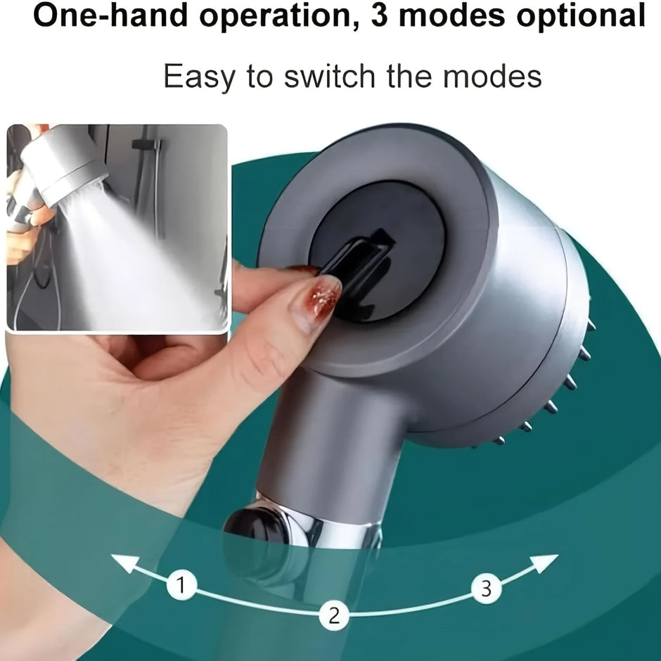 Handheld device with a switch for one-handed operation and three modes on a green background.