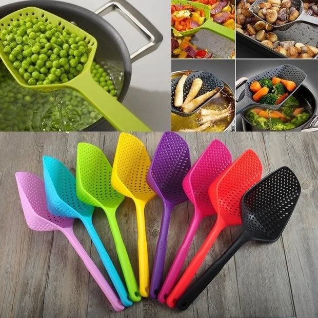 Collage of colorful kitchen ladles with various food items being scooped.