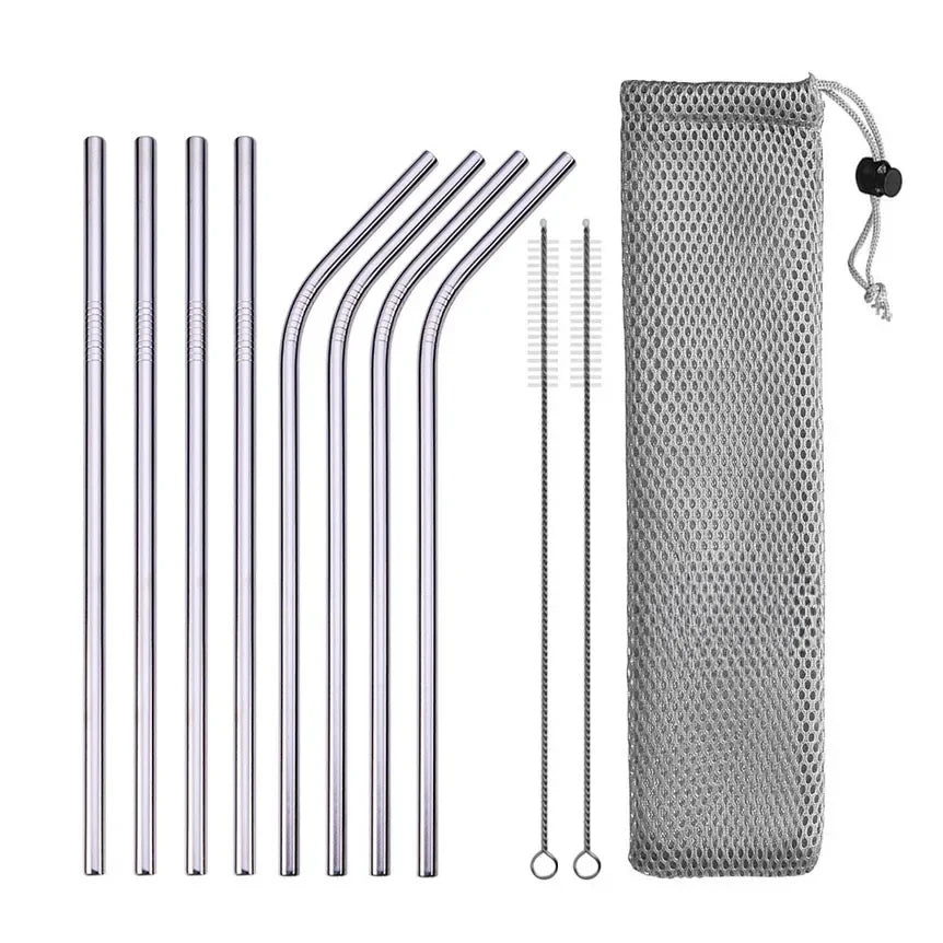 Set of metal straws with cleaning brush and mesh carrying case on a white background