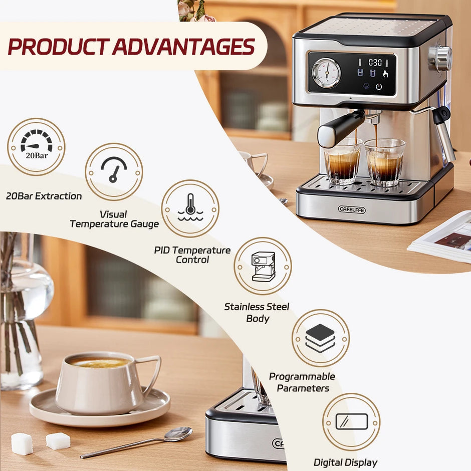ماكينة إسبريسو Cafelffe شبه أوتوماتيكية – 20 بار، لوحة لمسية، ذراع بخار، 1.5 لتر