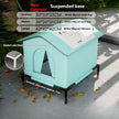 Pet house with size chart on a concrete floor
