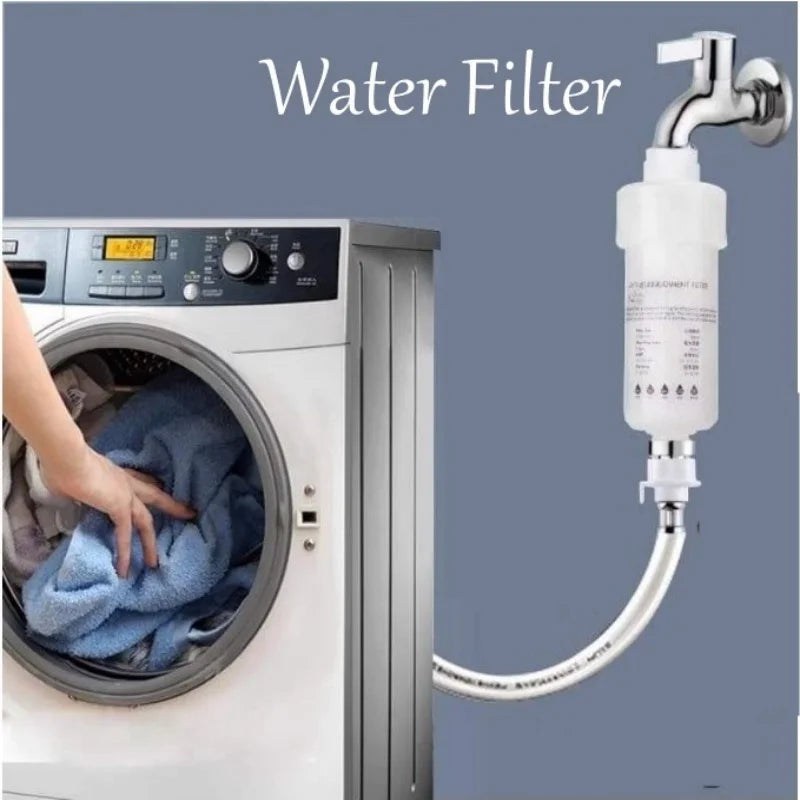 Water filter attached to a washing machine with a blue background
