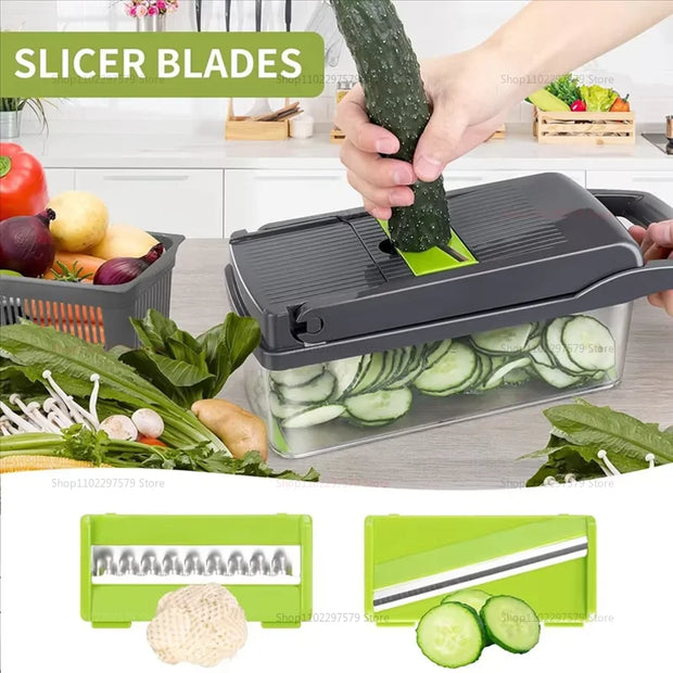 Vegetable slicer with sliced cucumbers on a kitchen counter, surrounded by various vegetables.