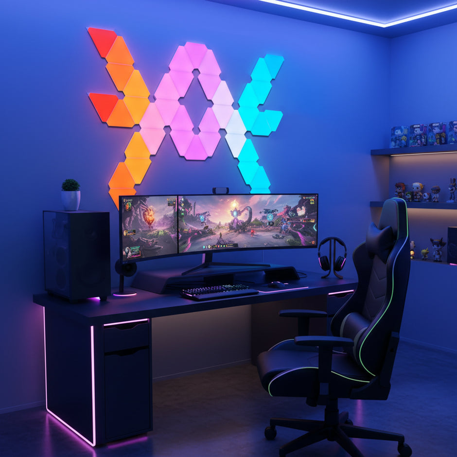 Colorful LED wall lights with smartphone control and text indicating compatibility with Google Assistant and Alexa.