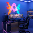 Colorful LED wall lights with smartphone control and text indicating compatibility with Google Assistant and Alexa.