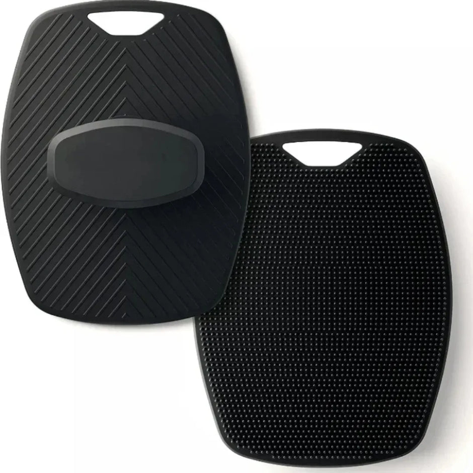 Two black textured seat cushions on a white background