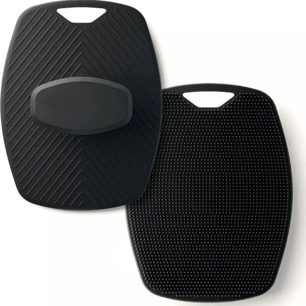 Two black textured seat cushions on a white background