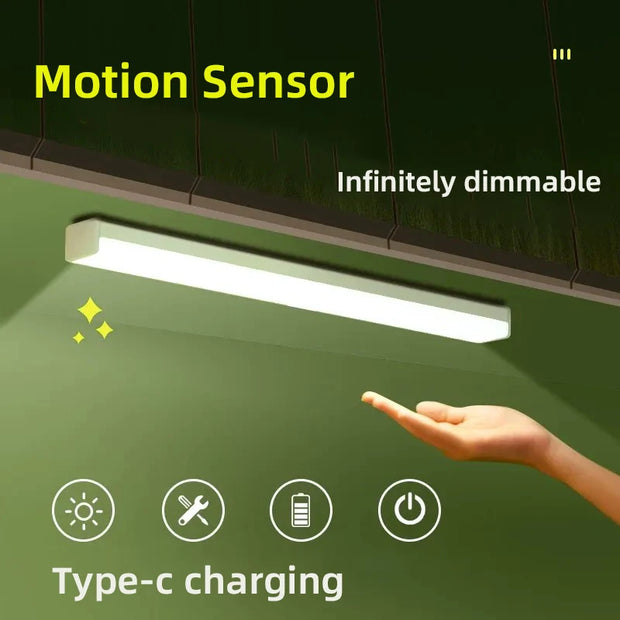 Ceiling light fixture with motion sensor, infinitely dimmable, and type-c charging features on a green wall.