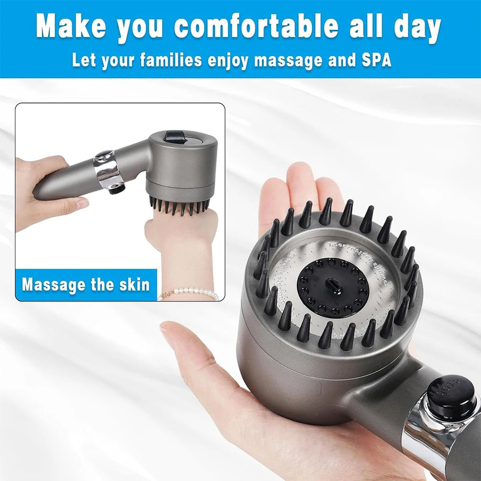 Handheld massage and scrubber device with text on a white background