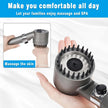 Handheld massage and scrubber device with text on a white background