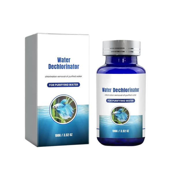 Water dechlorinator bottle and packaging on a white background