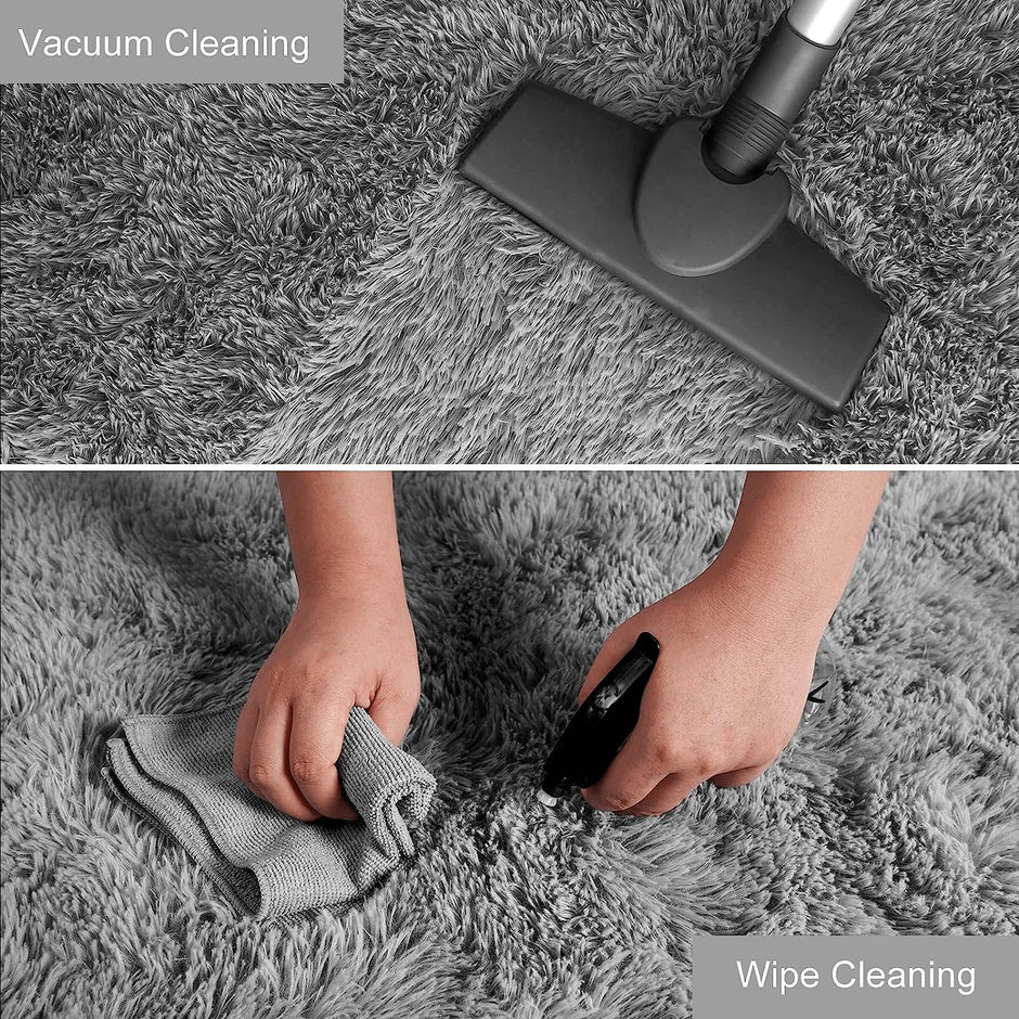Vacuum cleaning and wiping a gray carpet with text labels.