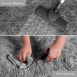 Vacuum cleaning and wiping a gray carpet with text labels.