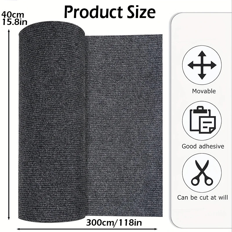 Roll of black carpet with product size details and features on a white background