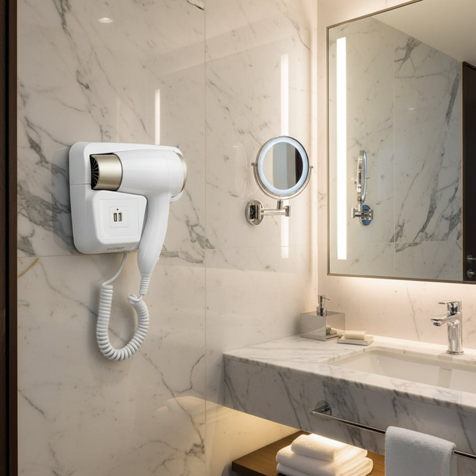 White wall-mounted hair dryer with coiled cord on a white background