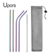 Set of colorful straws with a cleaning brush and mesh pouch on a white background, branded 'Upors'.
