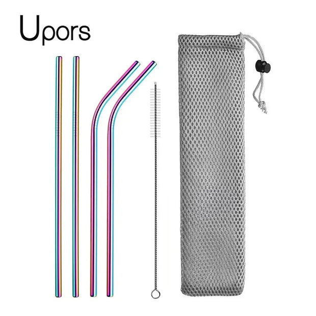 Set of colorful straws with a cleaning brush and mesh pouch on a white background, branded 'Upors'.