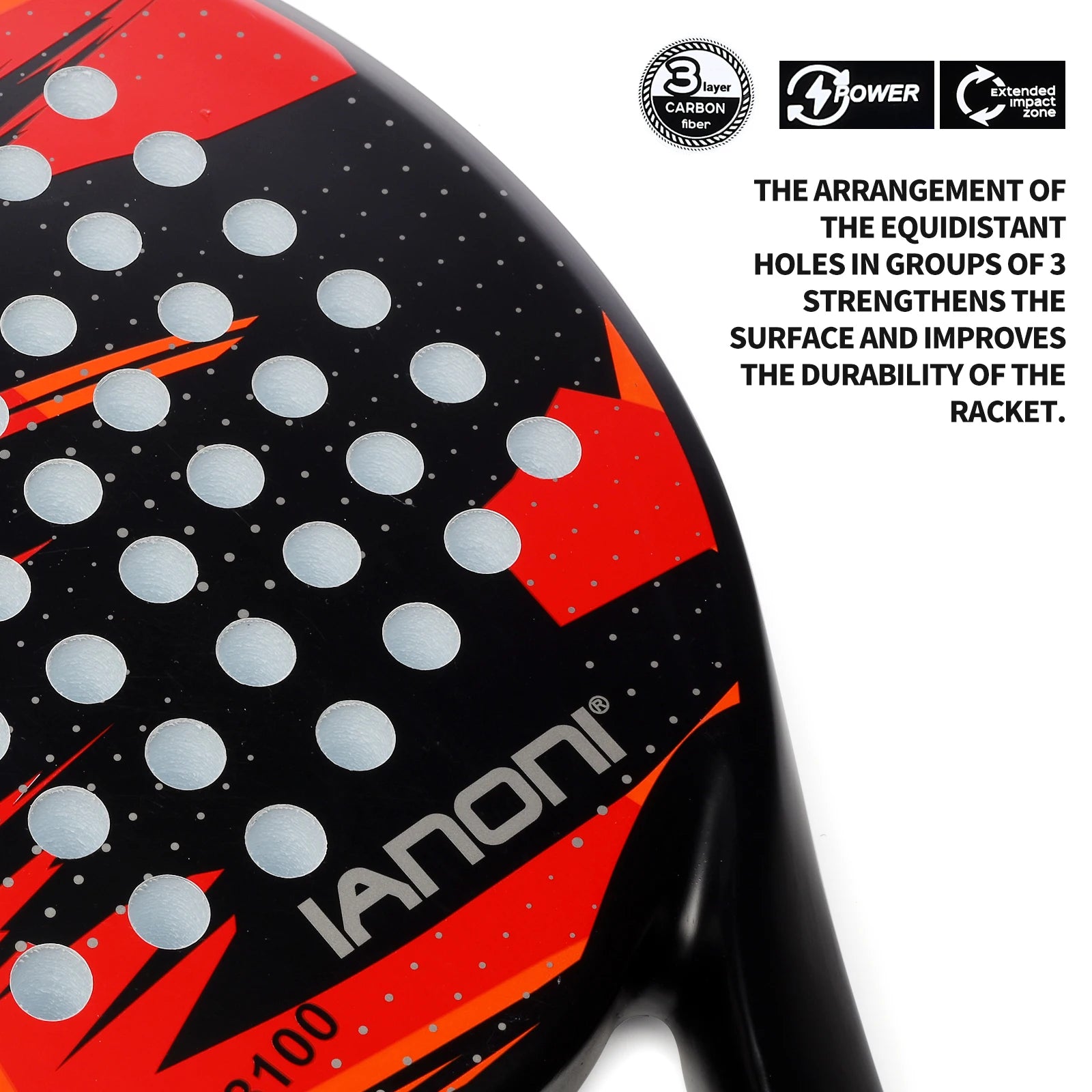 Close-up of a red and black racket with equidistant holes, featuring the brand 'Iannoni'.