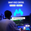 Person using smart voice control with a computer setup, featuring Google Assistant and Alexa logos.