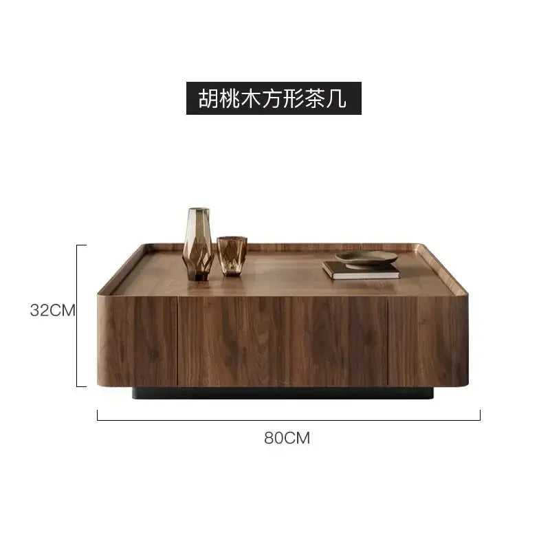 Wooden coffee table with dimensions labeled on a white background