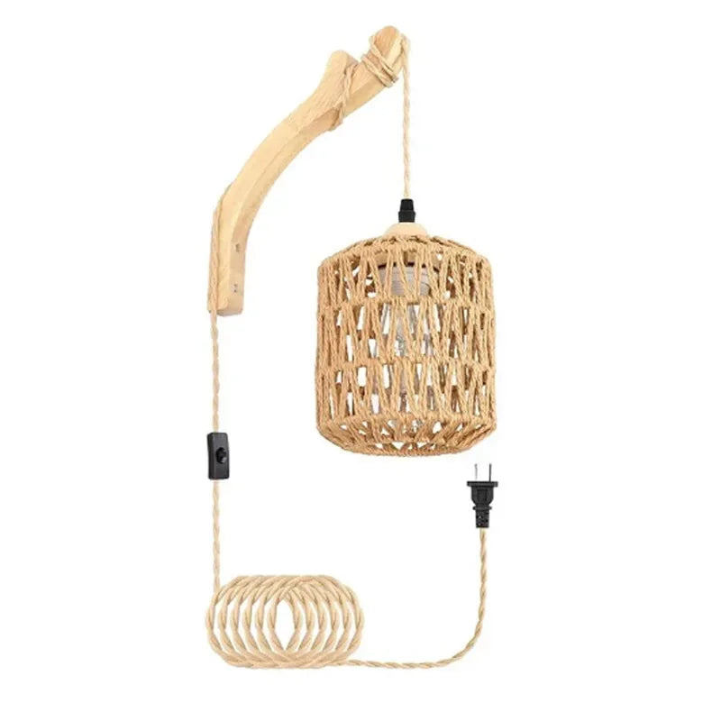 Bamboo pendant light with woven shade on a white background