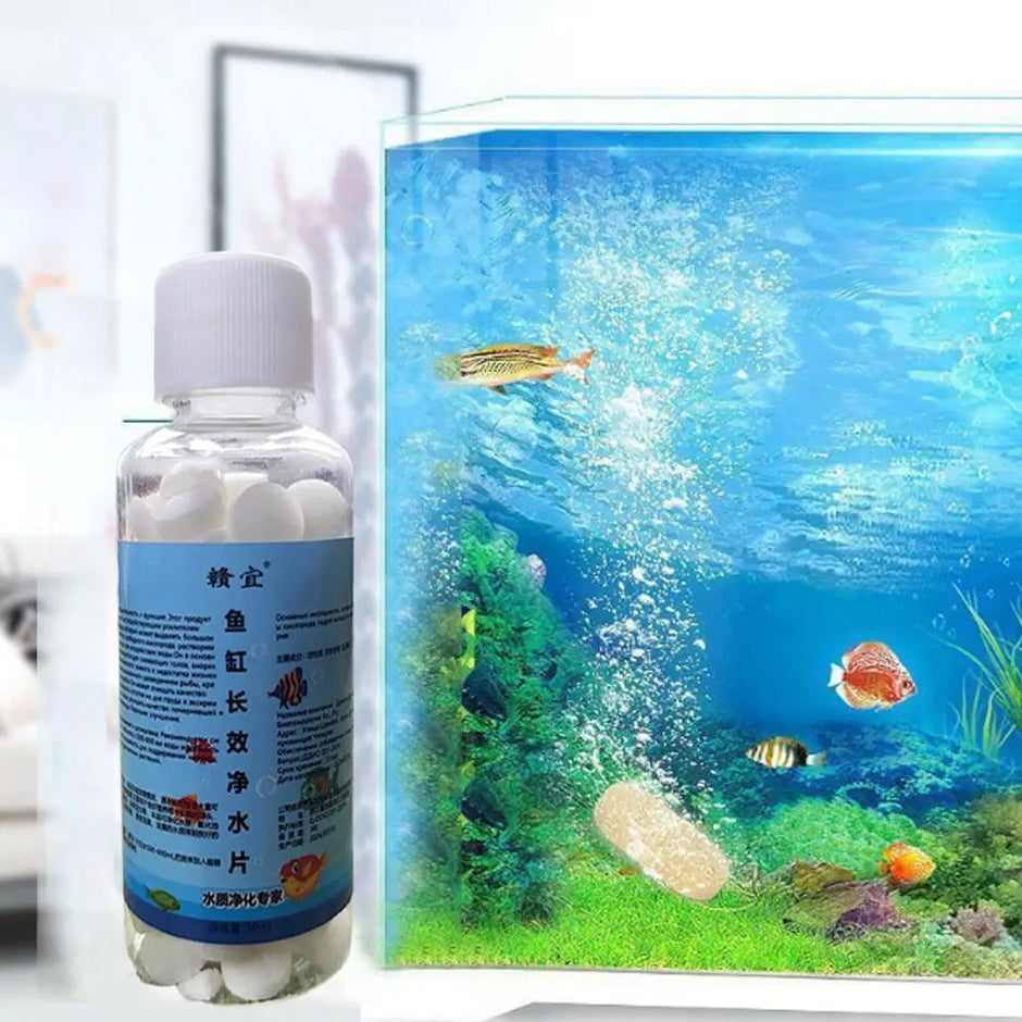 Bottle of aquarium water treatment tablets with an aquarium in the background