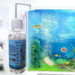 Bottle of aquarium water treatment tablets with an aquarium in the background