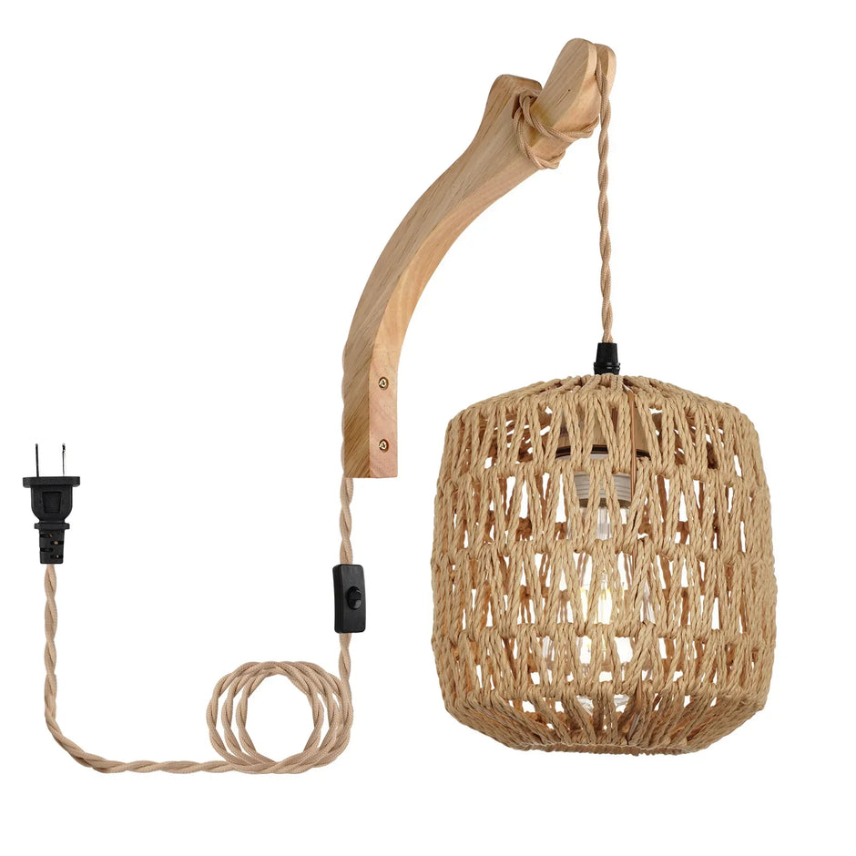 Woven pendant light with wooden arm and electrical cord on a white background