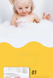 Child playing with bubbles in a bathtub with a yellow wave design at the bottom.