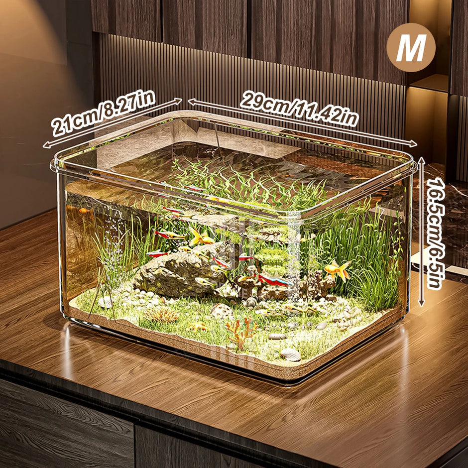 Clear fish tank with aquatic plants and fish on a wooden surface, with measurements indicated.