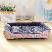Dog bed with cartoon horse pattern on a wooden floor