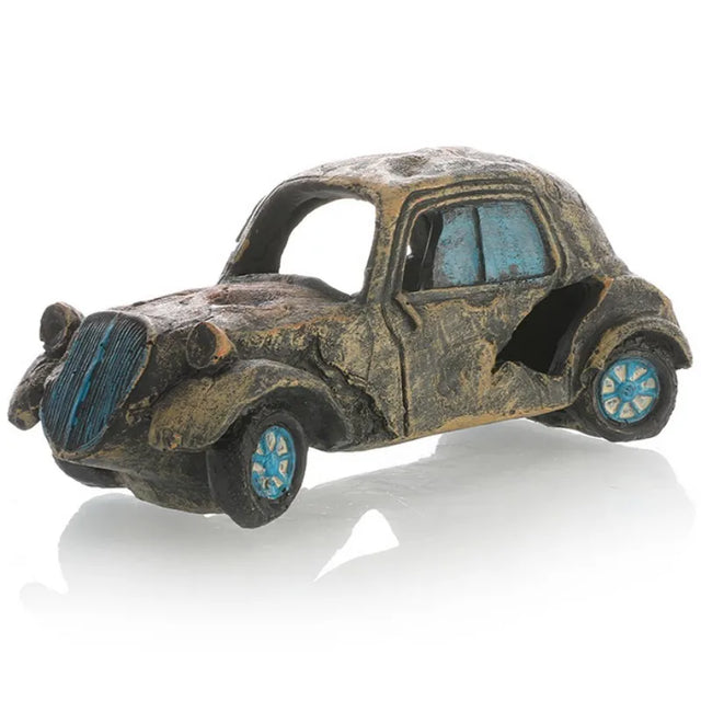 Vintage-style toy car with a distressed finish on a white background