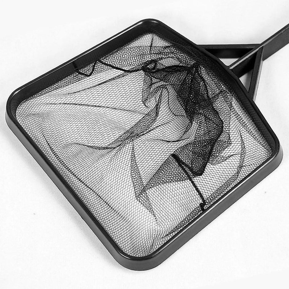 Black mesh strainer with a white background