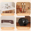 Collage of a storage unit with features highlighted, including a thick top plate, plated handle, side panels, and a pulley system.