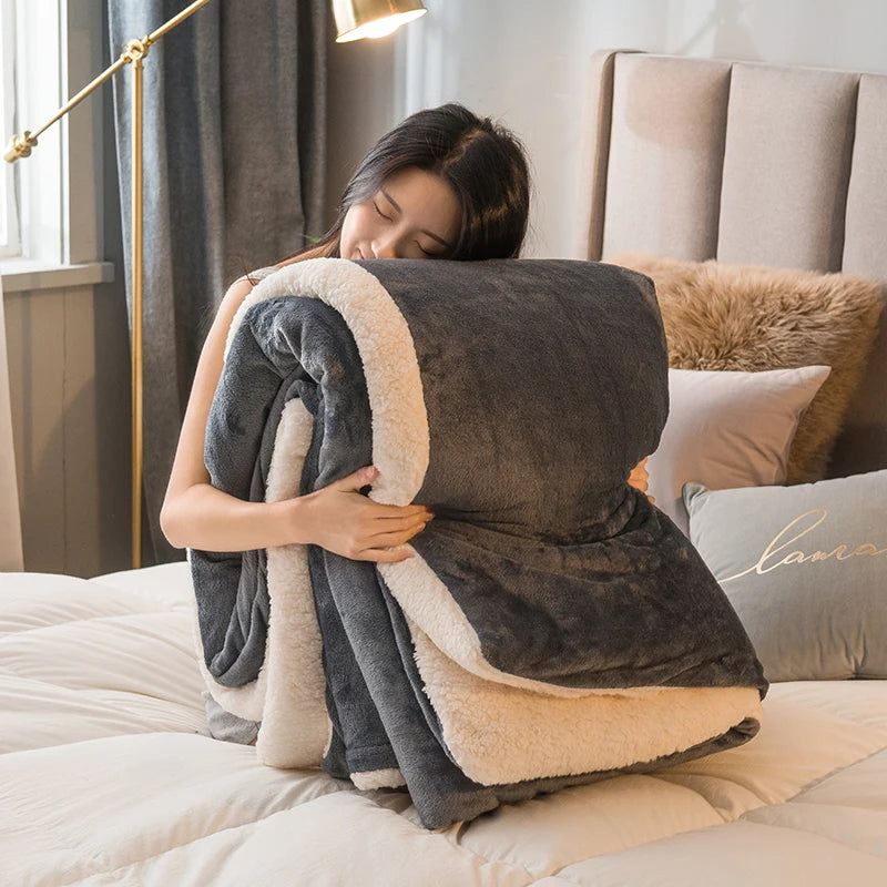 Woman holding a plush gray and beige blanket in a cozy bedroom.
